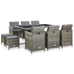 Set mobilier de exterior cu perne, 11 piese, gri, poliratan