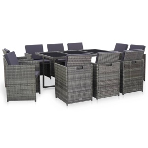 Set mobilier de exterior cu perne, 11 piese, gri, poliratan