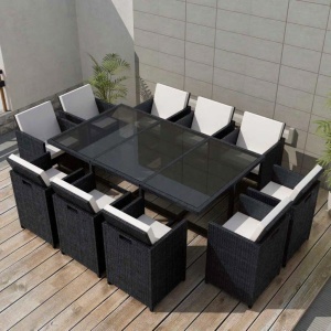 Set mobilier de exterior cu perne, 11 piese, negru, poliratan