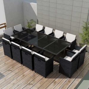 Set mobilier de exterior cu perne, 13 piese, negru, poliratan