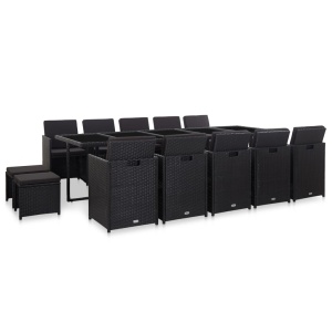 Set mobilier de exterior cu perne, 15 piese, negru, poliratan