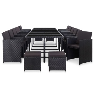 Set mobilier de exterior cu perne, 17 piese, negru, poliratan - Img 2