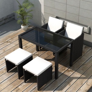 Set mobilier de exterior cu perne, 5 piese, negru, poliratan