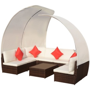 Set mobilier de grădină cu baldachin, 9 piese, maro, poliratan - Img 2