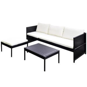 Set mobilier de grădină cu perne, 3 piese, negru, poliratan - Img 4