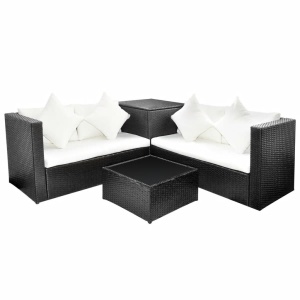 Set mobilier de grădină cu perne, 4 piese, negru, poliratan - Img 2