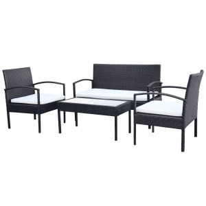 Set mobilier de grădină cu perne, 4 piese, negru, poliratan - Img 2