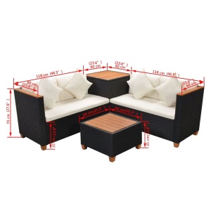 Set mobilier de grădină cu perne, 4 piese, negru, poliratan - Img 9