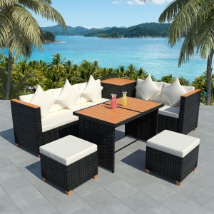 Set mobilier de grădină cu perne, 7 piese, negru, poliratan
