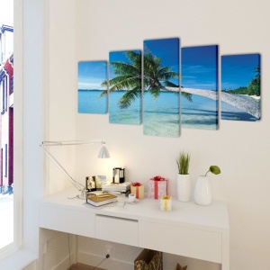 Set tablouri de perete cu imprimeu plajă nisip și palmier, 200x100cm - Img 2