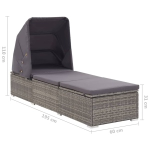 Șezlong cu copertină și pernă, gri, poliratan - Img 9