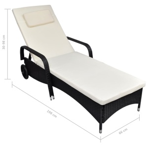 Șezlong de plajă cu pernă și roți, negru, poliratan - Img 4