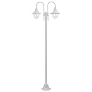 Stâlp cu lumini de grădină E27 220 cm, aluminiu 2 lămpi, alb