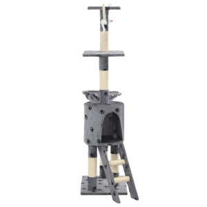 Ansamblu pisici stâlpi funie sisal, 138 cm imprimeu lăbuțe, gri - Img 4