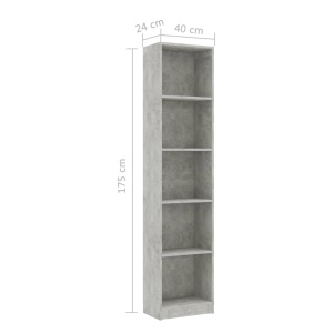 Bibliotecă cu 5 rafturi, gri, 40 x 24 x 175 cm, PAL - Img 5