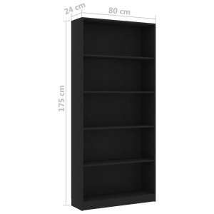 Bibliotecă cu 5 rafturi, negru, 80 x 24 x 175 cm, PAL - Img 5