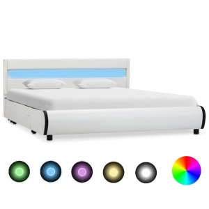 Cadru de pat cu LED, alb, 140 x 200 cm, piele ecologică