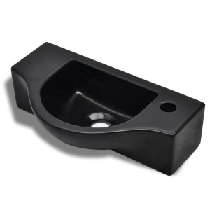 Chiuvetă de baie din ceramică, gaură pentru robinet și preaplin, negru - Img 2