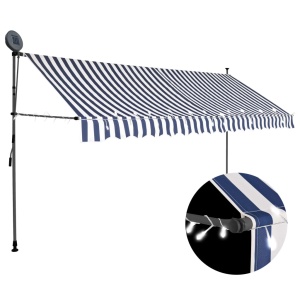Copertină retractabilă manual cu LED, albastru &amp; alb, 350 cm