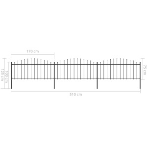 Gard de grădină cu vârf suliță, negru, (0,5-0,75) x 5,1 m, oțel - Img 5