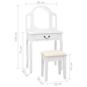 Masă toaletă cu taburet, alb, 65x36x128 cm, lemn paulownia, MDF - Img 10