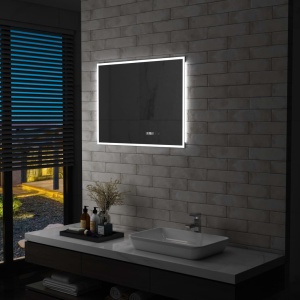 Oglindă cu LED de baie cu senzor tactil și afișaj oră, 80x60 cm