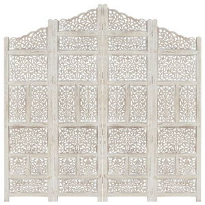 Paravan cameră sculptat manual, 4 panouri, alb 160x165 cm mango