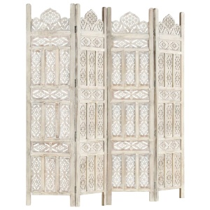 Paravan cameră sculptat manual 4 panouri alb 160x165 cm mango - Img 5