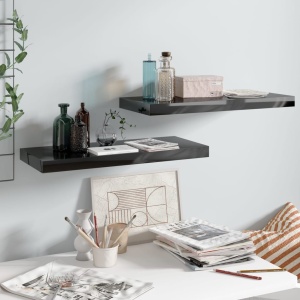 Rafturi de perete, 2 buc., negru extralucios 60x23,5x3,8 cm MDF