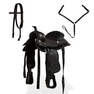 Șa Western, căpăstru &amp; pieptar, piele naturală, 12", negru - Img 3