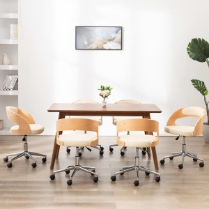 Scaune pivotante de masă, 6 buc., crem, lemn curbat & piele eco