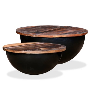 Set măsuțe cafea 2 piese, lemn masiv reciclat, negru, formă bol
