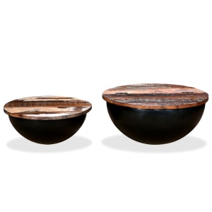 Set măsuțe cafea 2 piese, lemn masiv reciclat, negru, formă bol - Img 2
