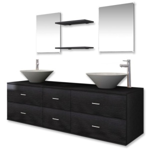 Set mobilier baie 9 piese cu chiuvete și robinete incluse, Negru - Img 2