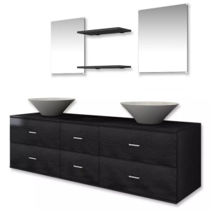 Set mobilier baie format din 7 piese cu chiuvete incluse, Negru - Img 2