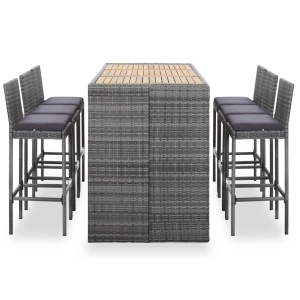 Set mobilier bar de exterior cu perne, 7 piese, gri, poliratan - Img 2