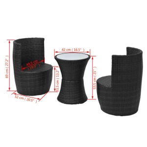 Set mobilier bistro cu perne, 3 piese, negru, poliratan - Img 7