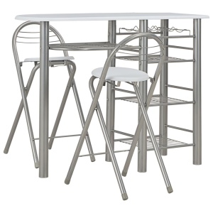 Set mobilier de bar, cu rafturi, 3 piese, alb, lemn și oțel - Img 2