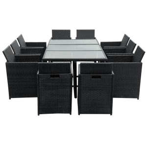 Set mobilier de exterior cu perne, 11 piese, negru, poliratan - Img 4
