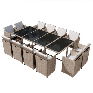 Set mobilier de exterior cu perne, 13 piese, bej, poliratan - Img 2
