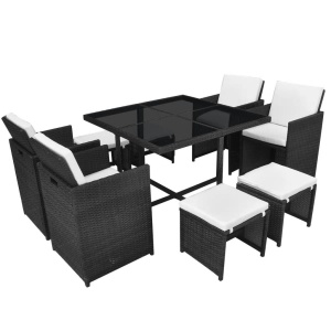 Set mobilier de exterior cu perne, 9 piese, negru, poliratan - Img 2