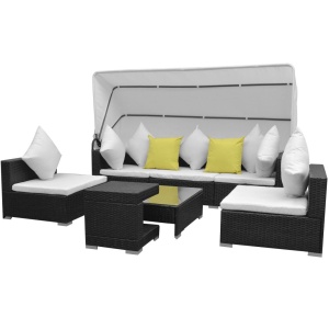 Set mobilier de grădină cu baldachin, 7 piese, negru, poliratan