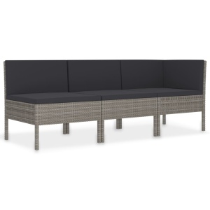 Set mobilier de grădină cu perne, 3 piese, gri, poliratan - Img 2