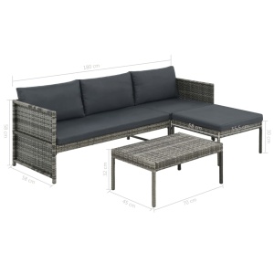 Set mobilier de grădină cu perne, 3 piese, gri, poliratan - Img 6