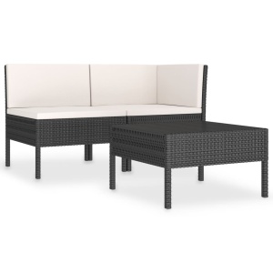 Set mobilier de grădină cu perne, 3 piese, negru, poliratan - Img 2