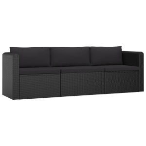 Set mobilier de grădină cu perne, 3 piese, negru, poliratan - Img 2