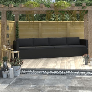 Set mobilier de grădină cu perne, 4 piese, negru, poliratan