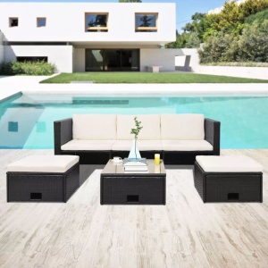 Set mobilier de grădină cu perne, 4 piese, negru, poliratan