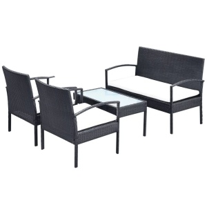 Set mobilier de grădină cu perne, 4 piese, negru, poliratan - Img 3
