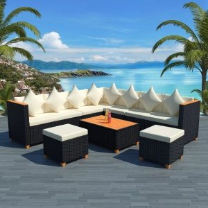 Set mobilier de grădină cu perne, 7 piese, negru, poliratan